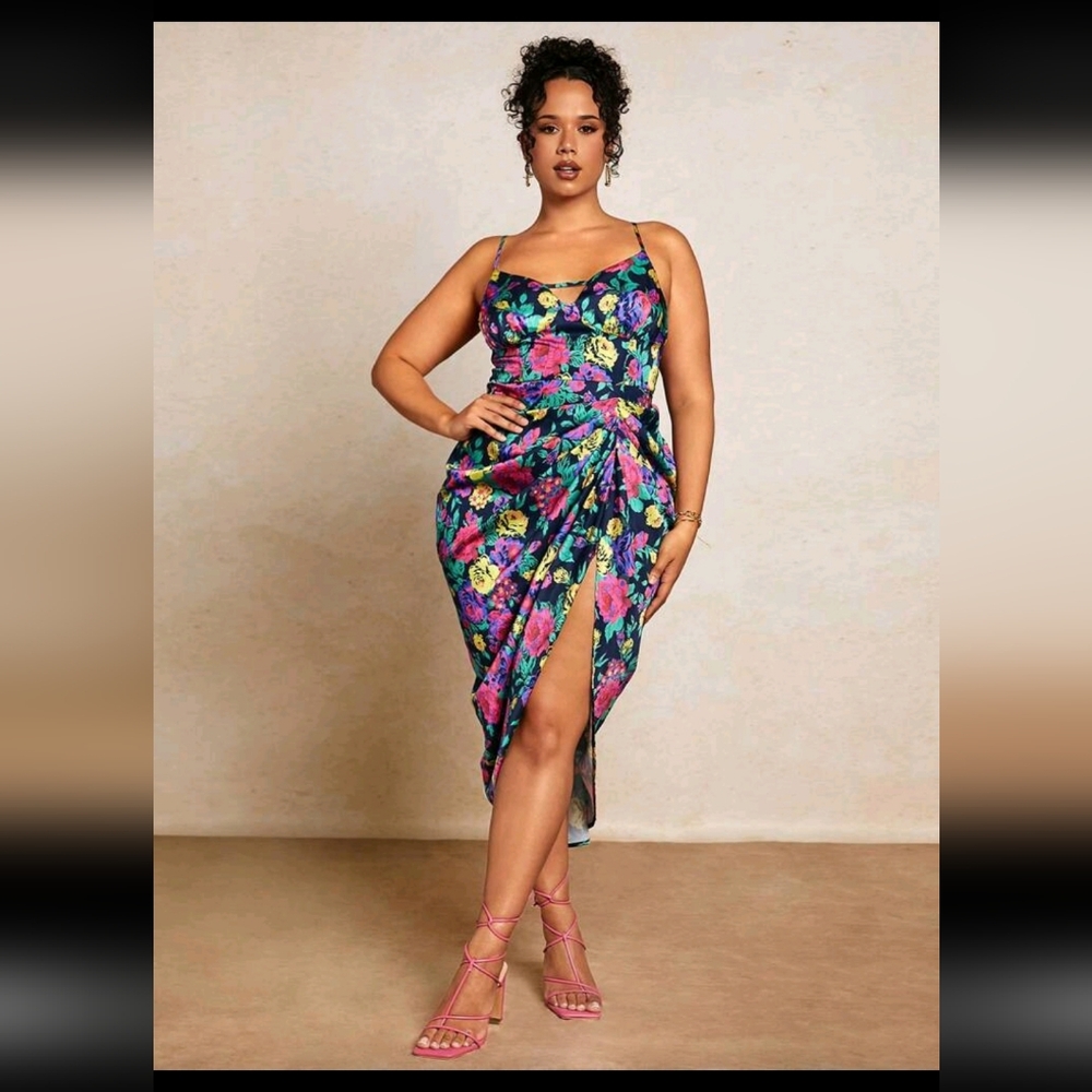 SHEIN BAE  Elegant Strap Pleated Floral Print Satin Dress - Size S